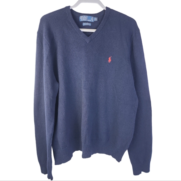 Polo Ralph Lauren Navy Lambswool Sweater Men's XXL V-neck Pullover Vintage - Picture 1 of 5